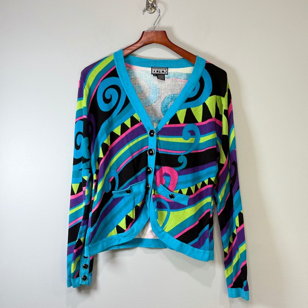 Berek Womens XL Abstract Neon Geometric Swirl V-Neck Cardigan Sweater Turquoise